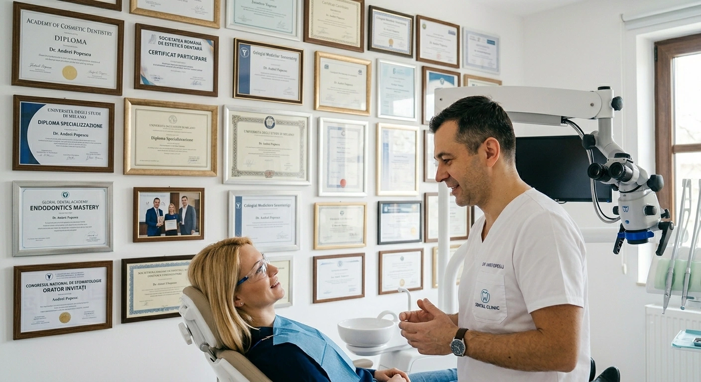 Diplome și certificate de cursuri afișate într-o clinică dentară din Timișoara