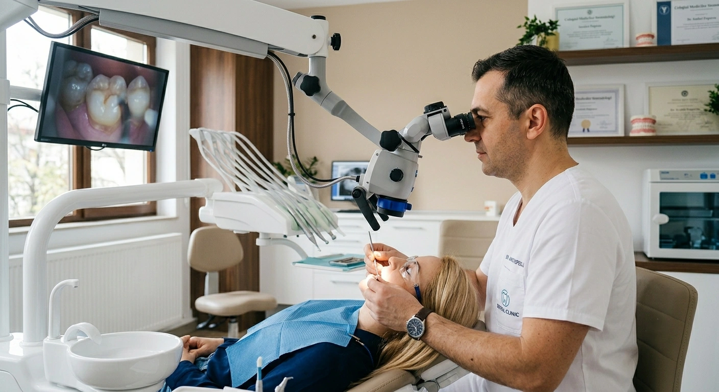 Microscop stomatologic folosit într-o clinică dentară din Timișoara